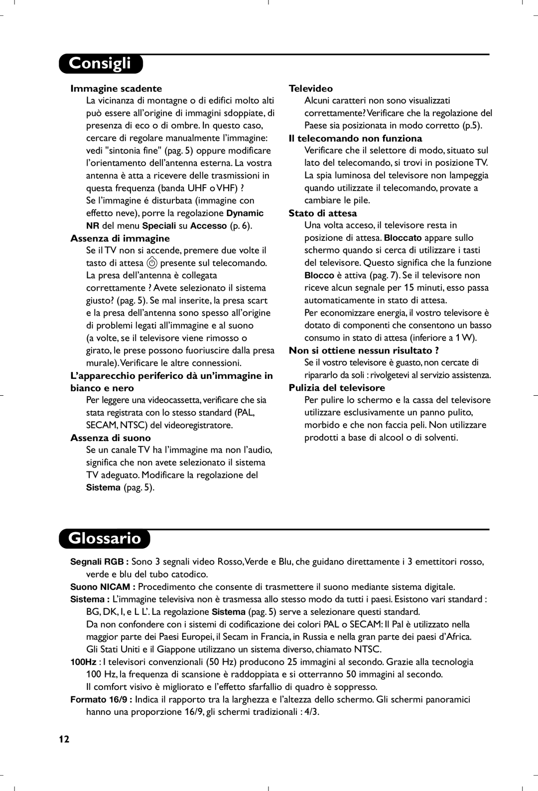 Philips 29PT8640/12 manual Consigli, Glossario 