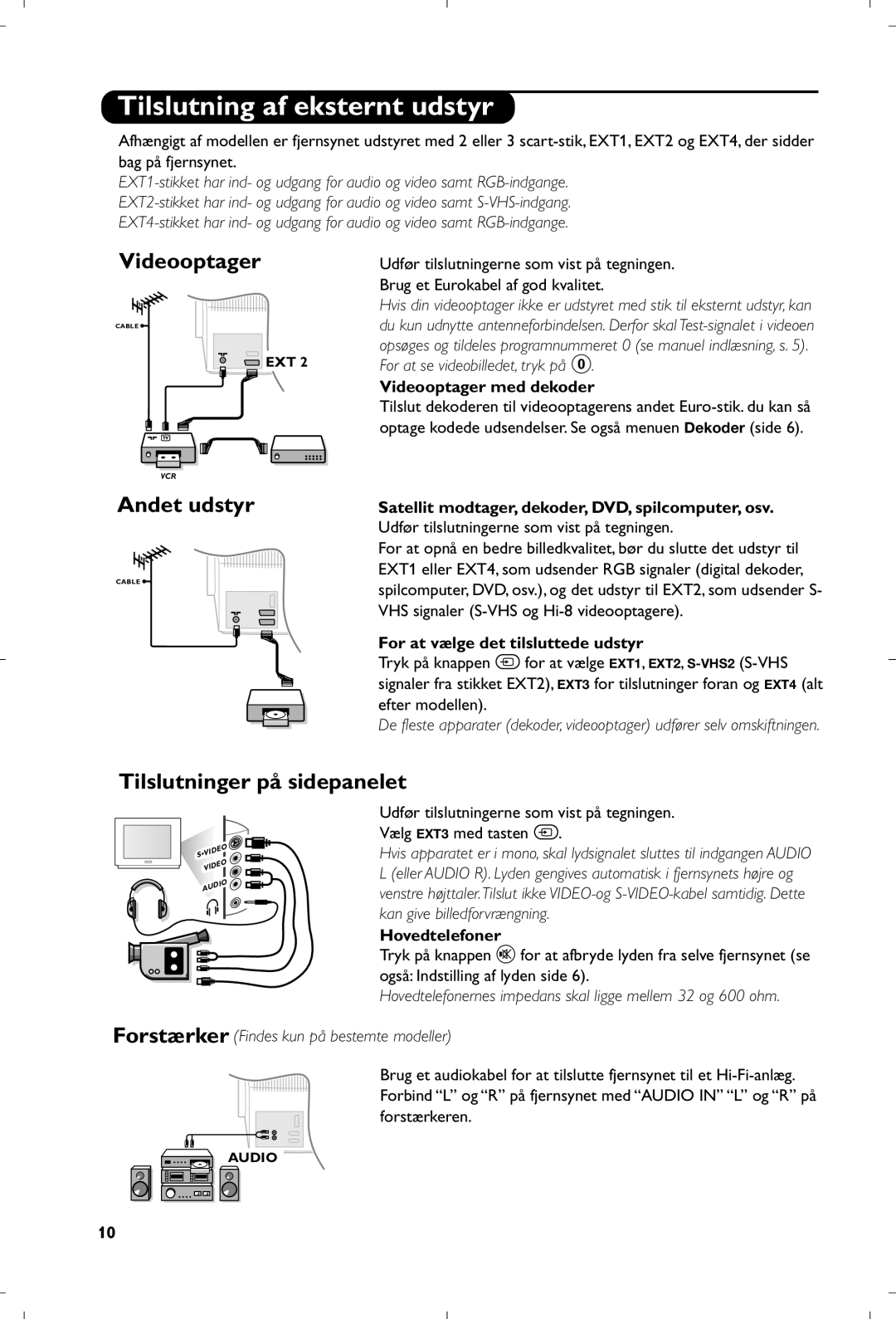 Philips 29PT8640/12 manual Tilslutning af eksternt udstyr, Videooptager, Andet udstyr, Tilslutninger på sidepanelet 