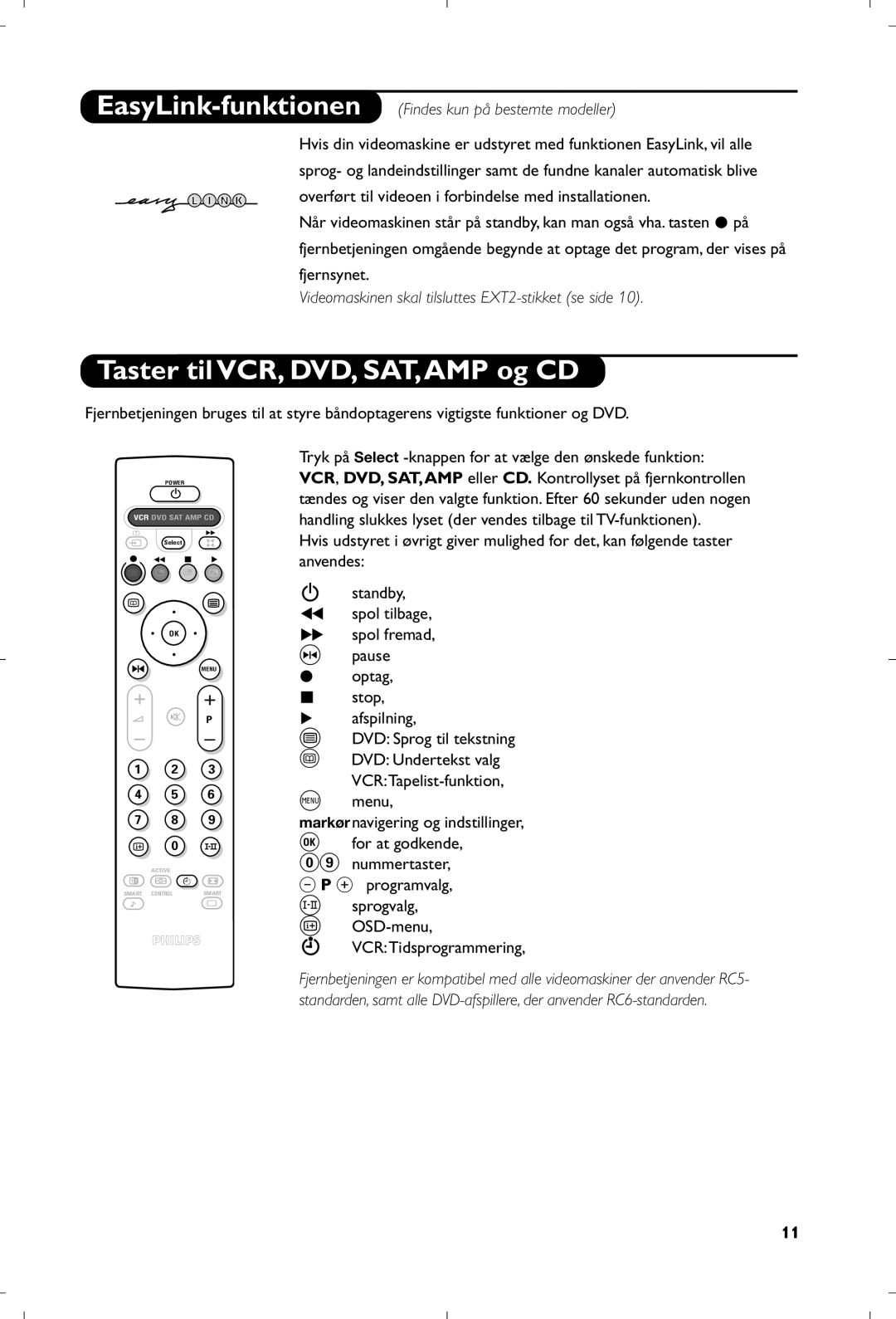 Philips 29PT8640/12 manual Taster til VCR, DVD, SAT,AMP og CD, EasyLink-funktionenFindes kun på bestemte modeller 