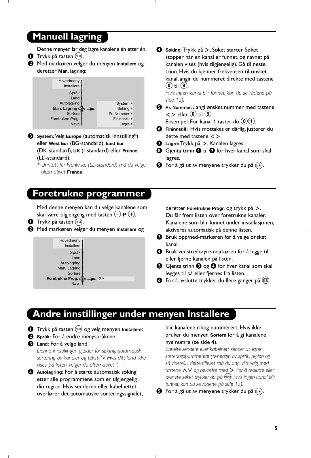 Philips 29PT8640/12 manual Manuell lagring, Foretrukne programmer, Andre innstillinger under menyen Installere 