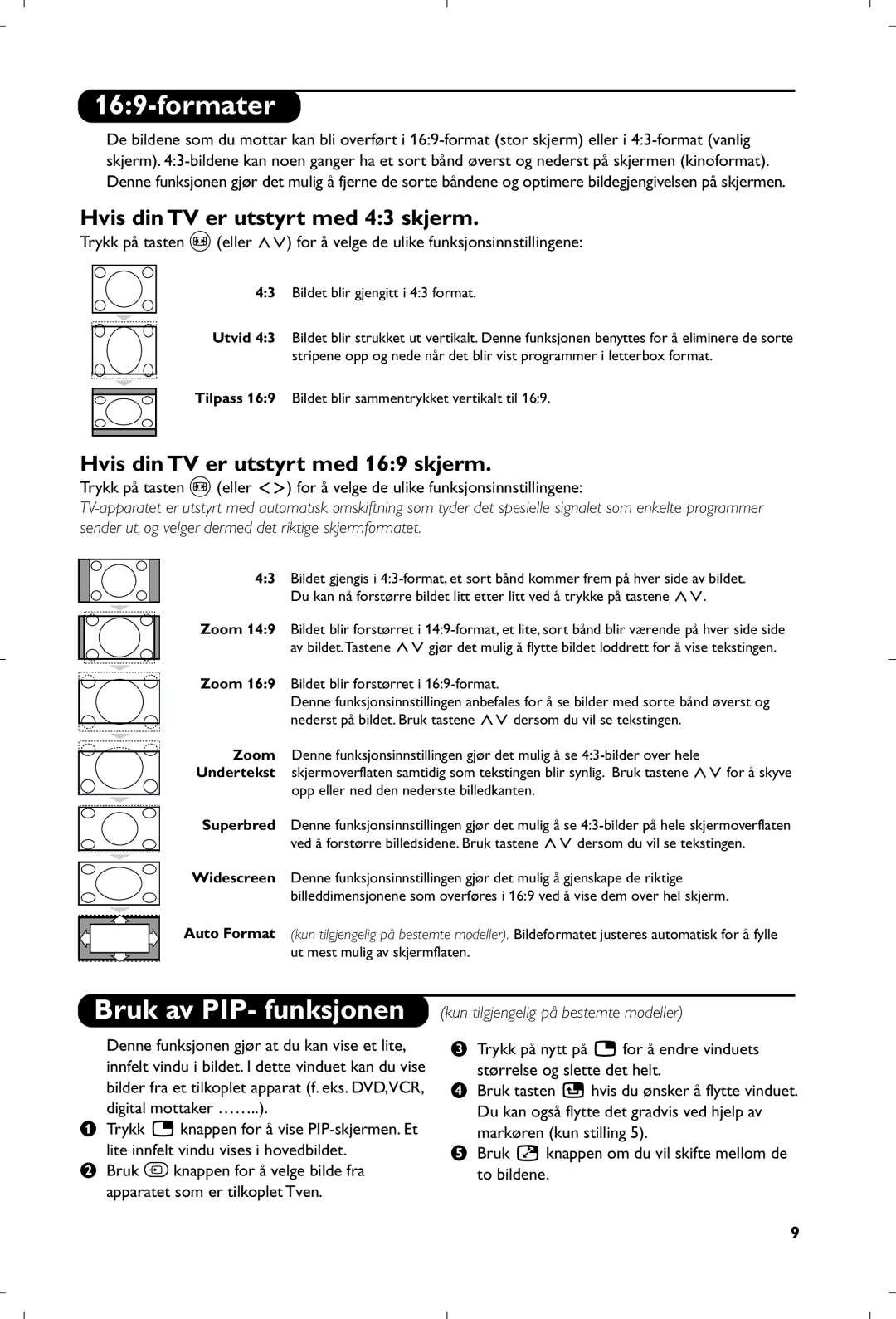 Philips 29PT8640/12 manual Formater, Bruk av PIP- funksjonen, Hvis din TV er utstyrt med 43 skjerm 