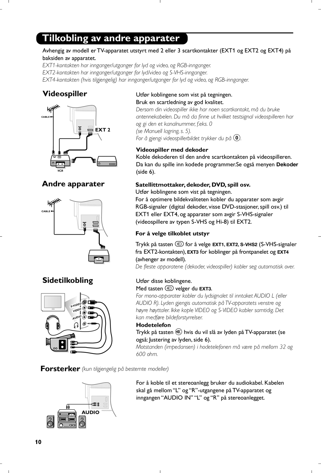 Philips 29PT8640/12 manual Tilkobling av andre apparater, Videospiller, Andre apparater, Sidetilkobling 