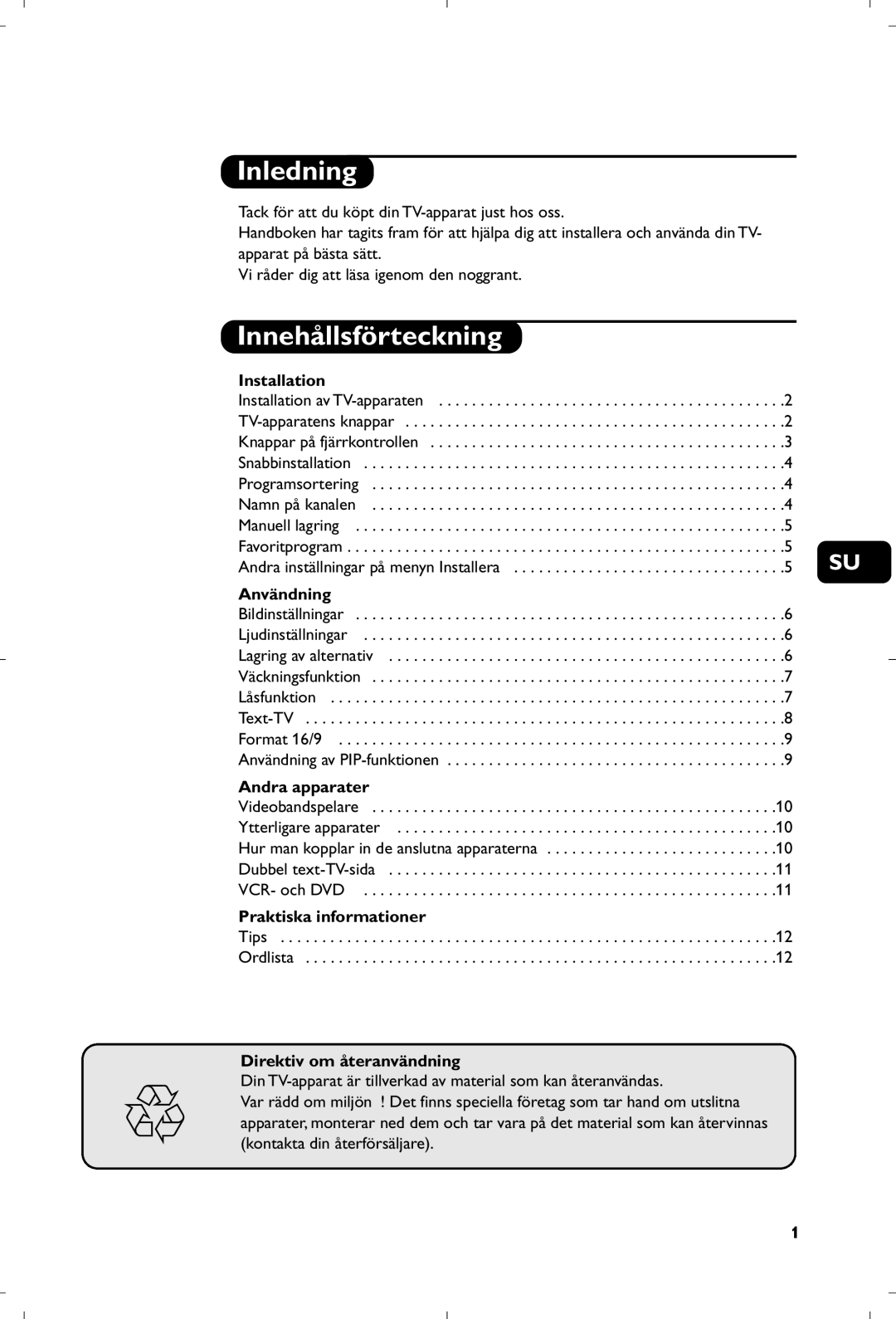 Philips 29PT8640/12 manual Inledning, Innehållsförteckning 