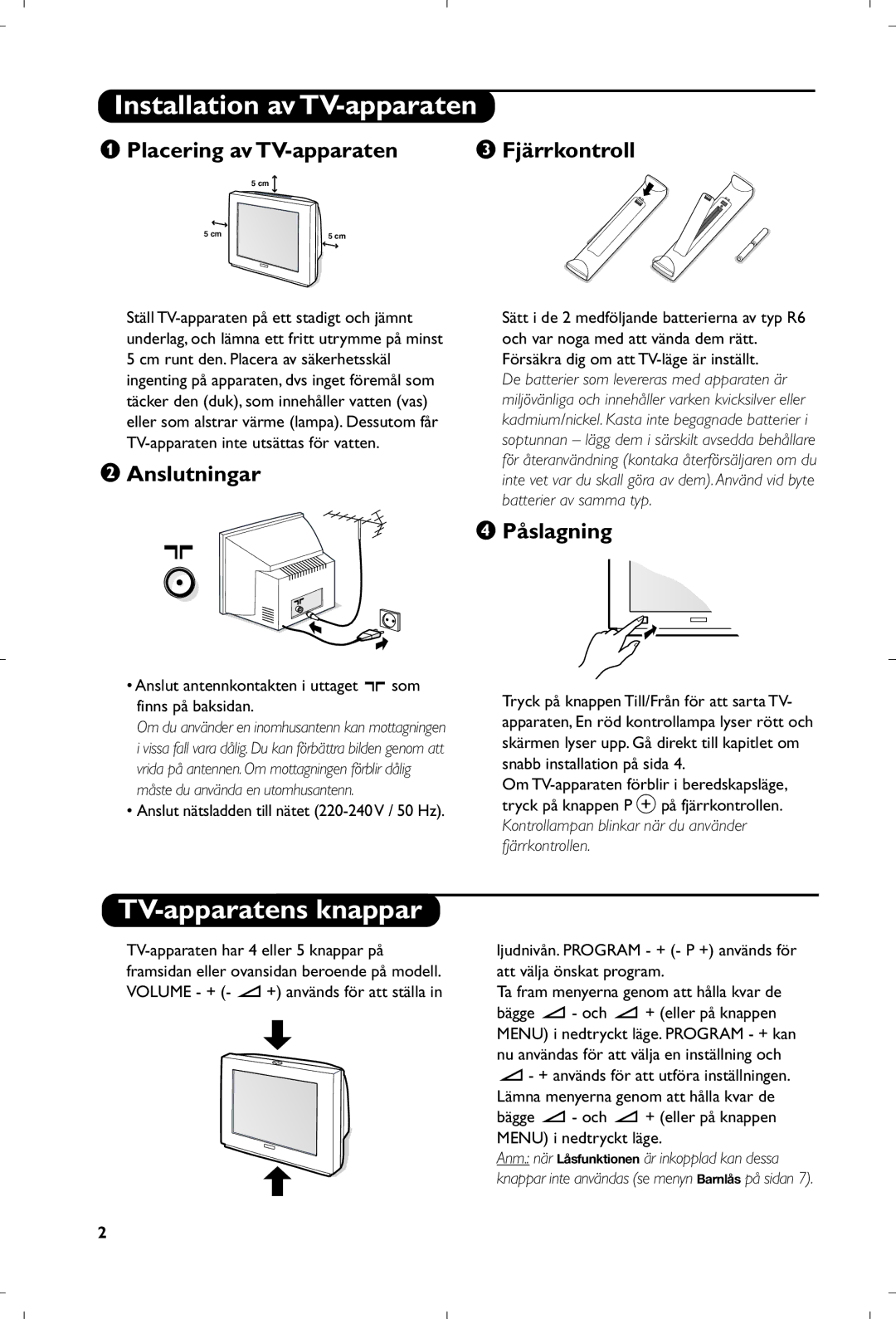 Philips 29PT8640/12 manual Installation av TV-apparaten, TV-apparatens knappar, Placering av TV-apparaten Fjärrkontroll 