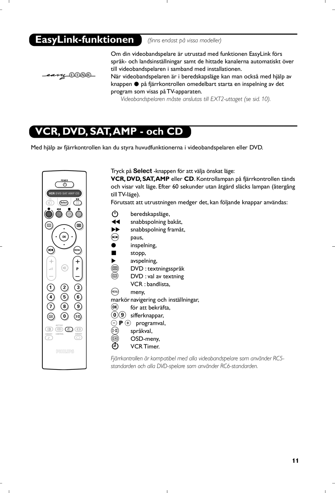 Philips 29PT8640/12 manual VCR, DVD, SAT,AMP och CD, EasyLink-funktionenfinns endast på vissa modeller 