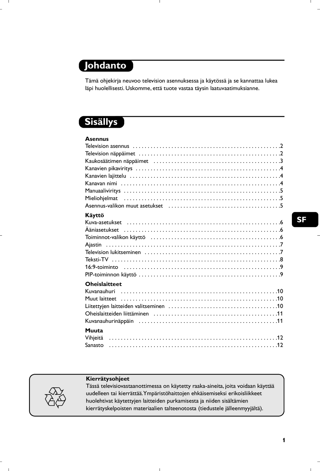 Philips 29PT8640/12 manual Johdanto, Sisällys 