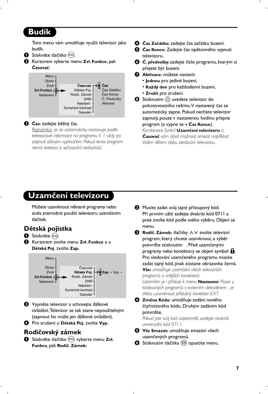 Philips 29PT8660/12 manual Budík, Uzamčení televizoru, Dětská pojistka, Rodičovský zámek 