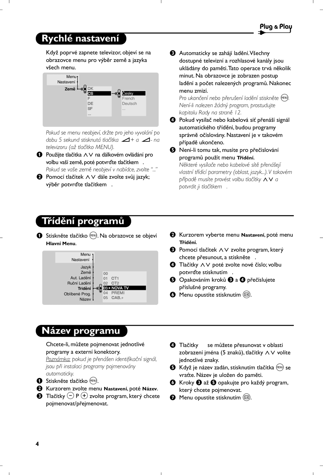 Philips 29PT8660/12 manual Rychlé nastavení, Třídění programů, Název programu 