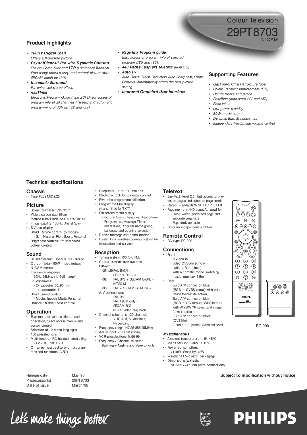 Philips 29PT8703 Product highlights, Technical specifications, Supporting Features, Chassis, Picture, Sound, Operation 