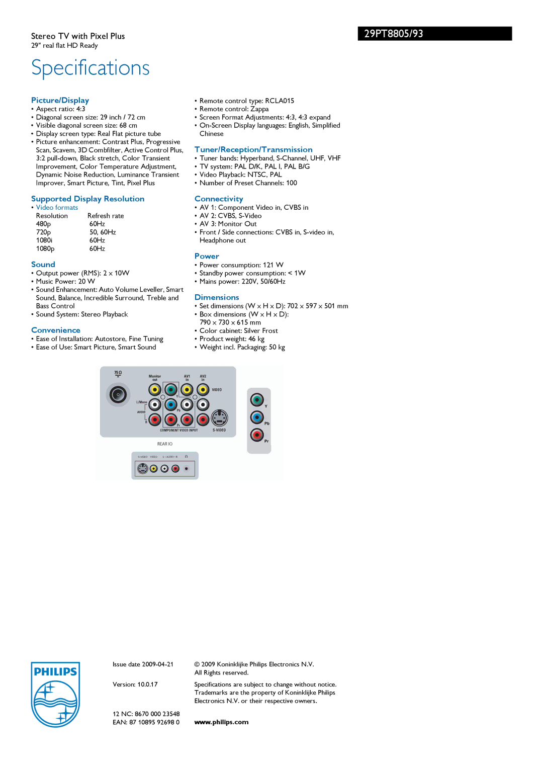 Philips 29PT8805/93 manual Specifications 