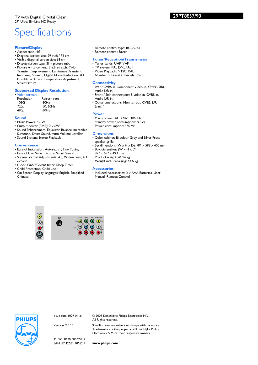 Philips 29PT8857/93 manual Picture/Display, Tuner/Reception/Transmission, Connectivity, Supported Display Resolution, Power 