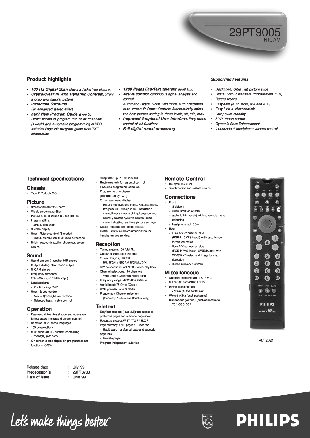 Philips 29PT9005 Nicam manual Product highlights 
