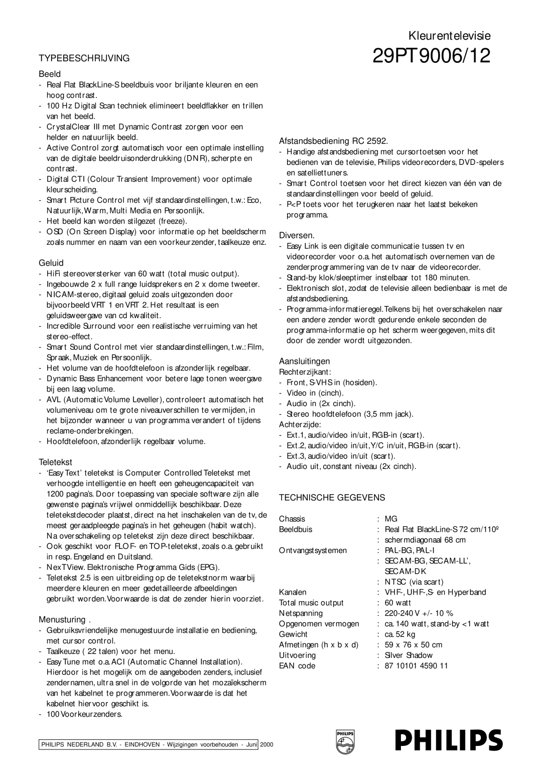 Philips 29PT9006/12 manual Typebeschrijving, Technische Gegevens 