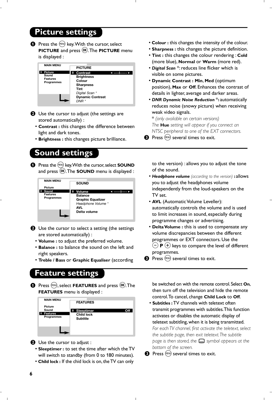 Philips 29PT9007/58 manual Picture settings, Sound settings, Feature settings 