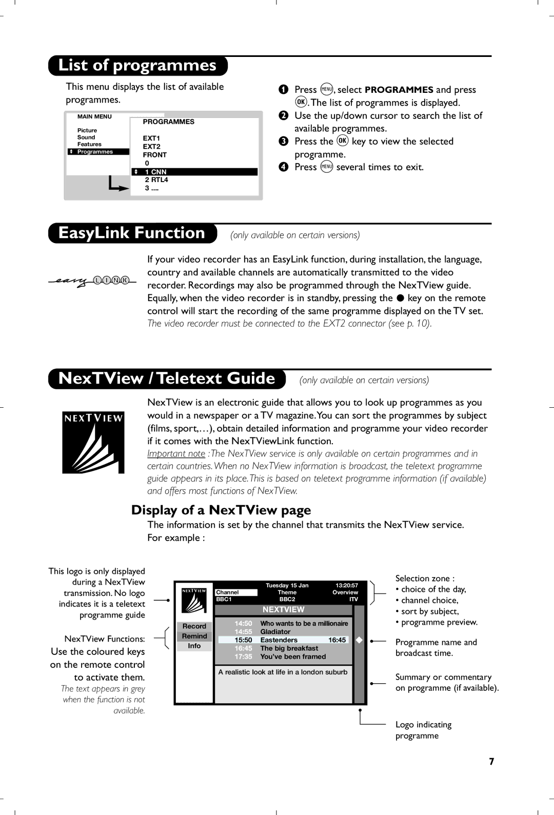 Philips 29PT9007/58 manual List of programmes, Display of a NexTView 