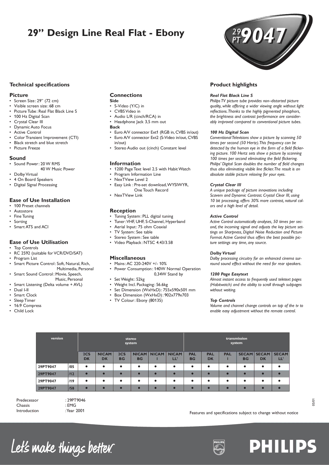 Philips 29PT9047 manual Sound, Information, Ease of Use Installation, Reception, Ease of Use Utilisation, Miscellaneous 