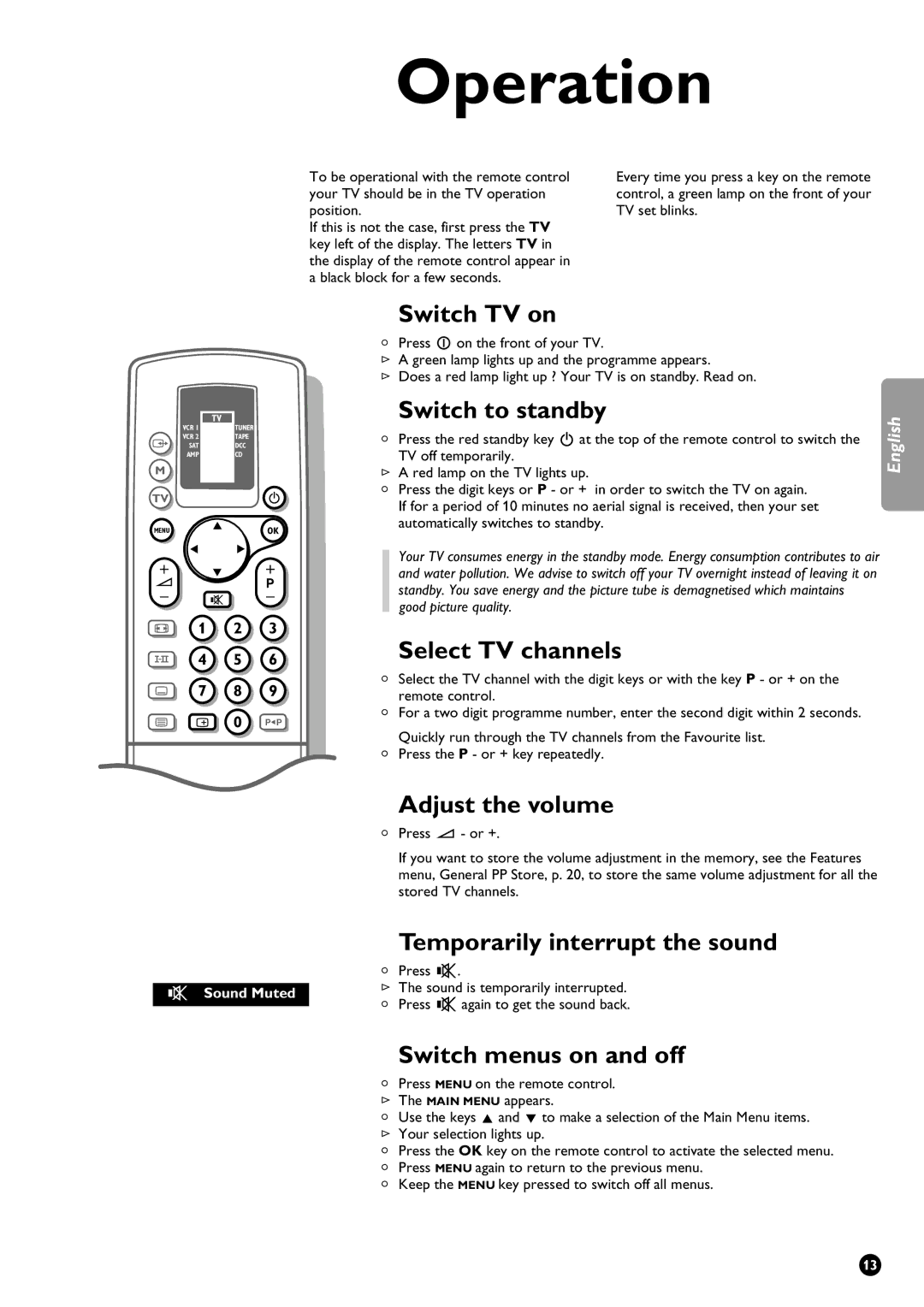 Philips 29PT9111/01 manual Switch TV on, Switch to standby, Select TV channels, Adjust the volume, Switch menus on and off 