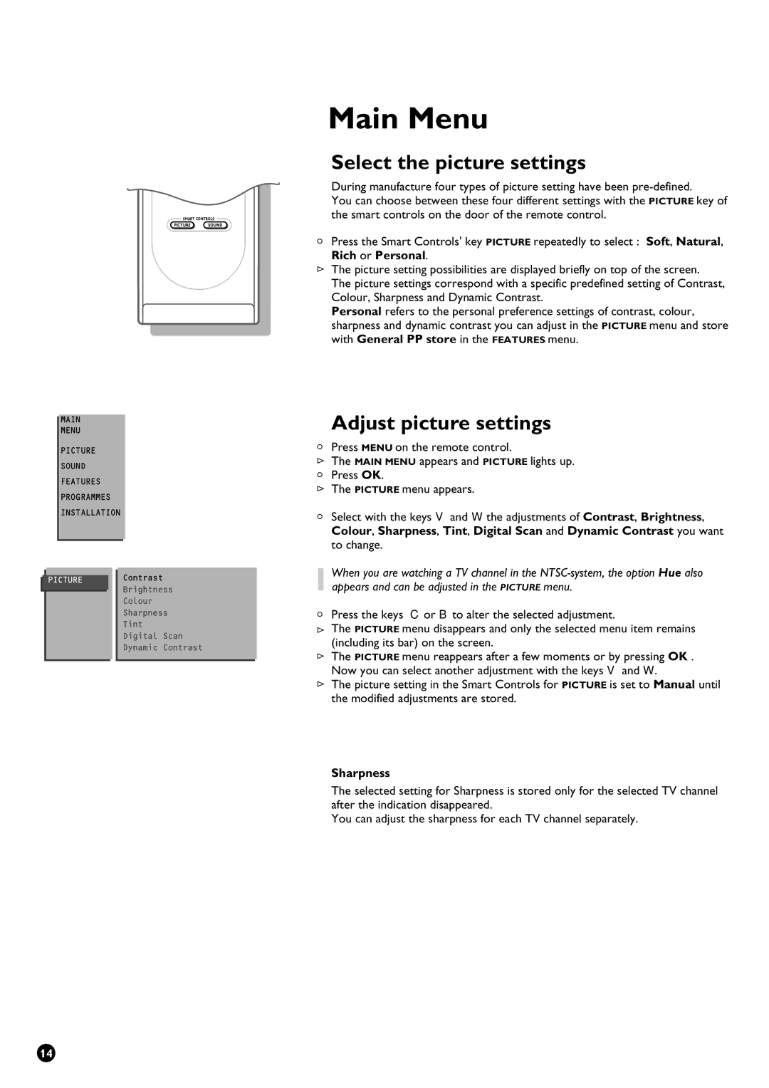 Philips 29PT9111/01 manual Main Menu, Select the picture settings, Adjust picture settings, Sharpness 