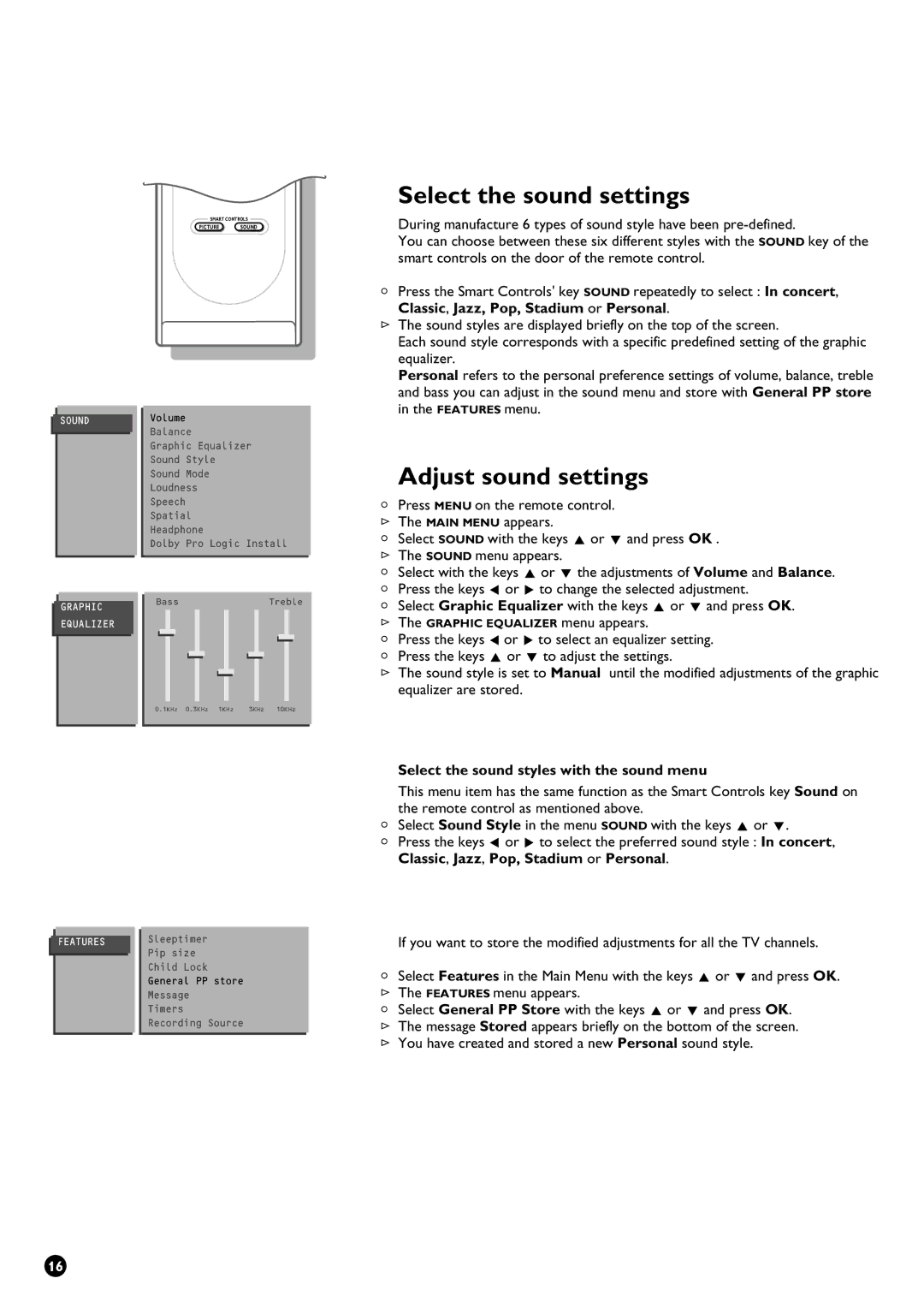 Philips 29PT9111/01 manual Select the sound settings, Adjust sound settings, Select the sound styles with the sound menu 