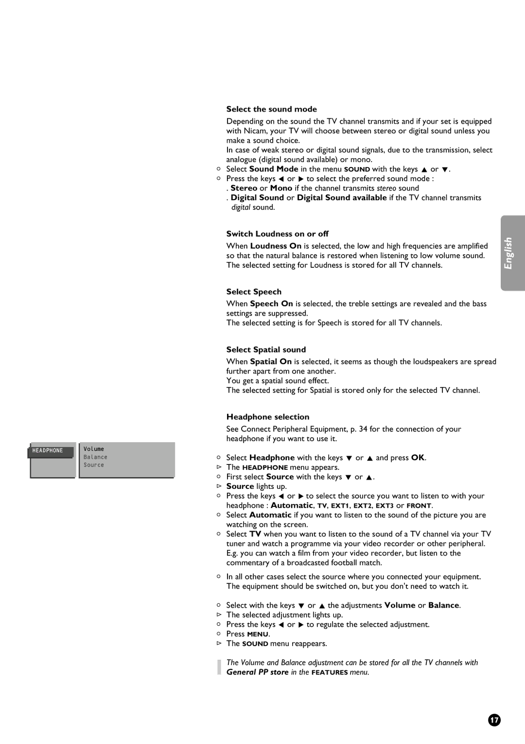 Philips 29PT9111/01 manual Select the sound mode, Switch Loudness on or off, Select Speech, Select Spatial sound 