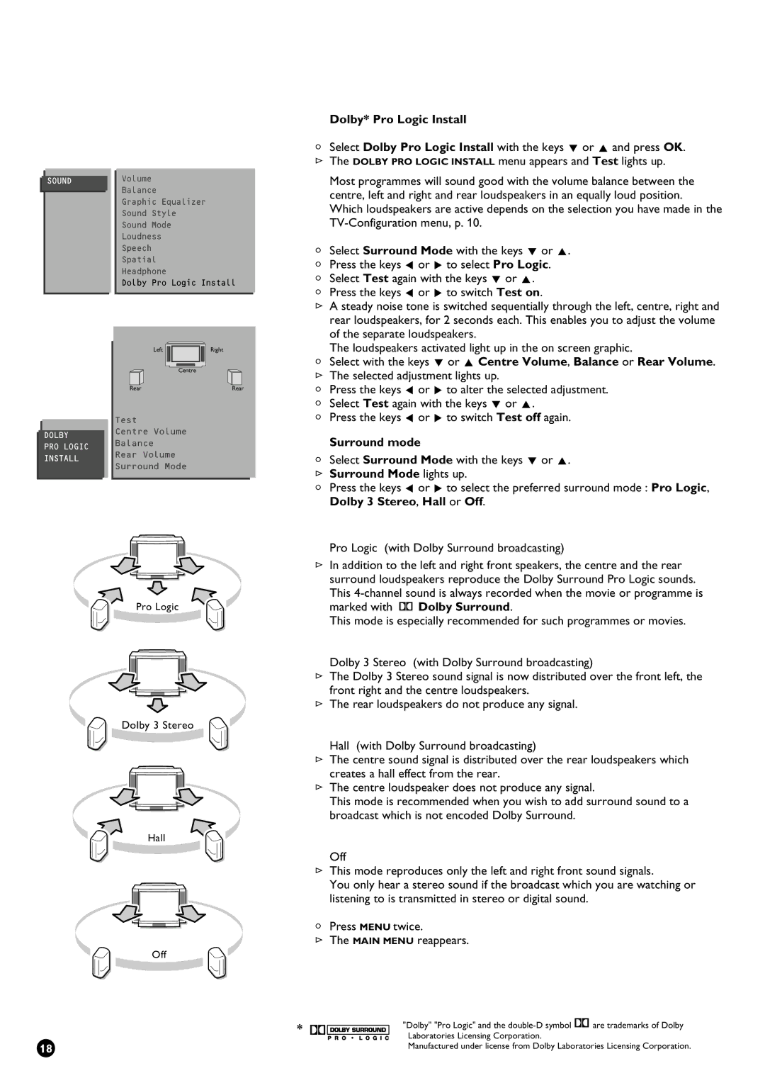 Philips 29PT9111/01 manual Dolby* Pro Logic Install, Surround Mode lights up, Marked with Dolby Surround 