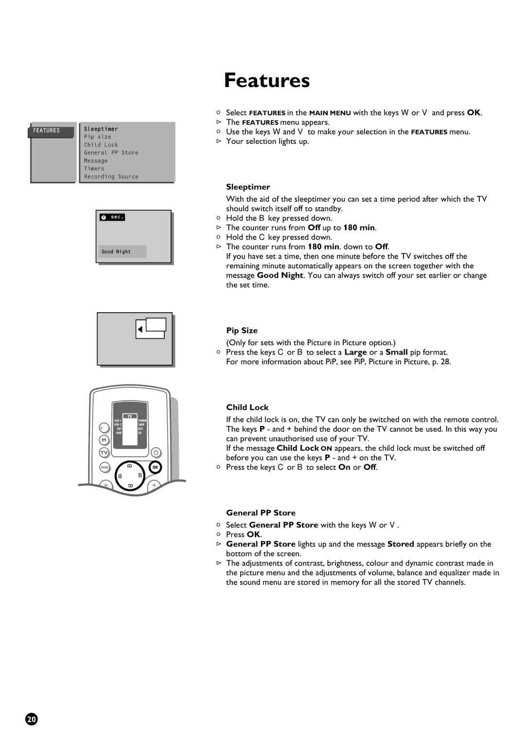 Philips 29PT9111/01 manual Features, Sleeptimer, Pip Size, Child Lock, General PP Store 