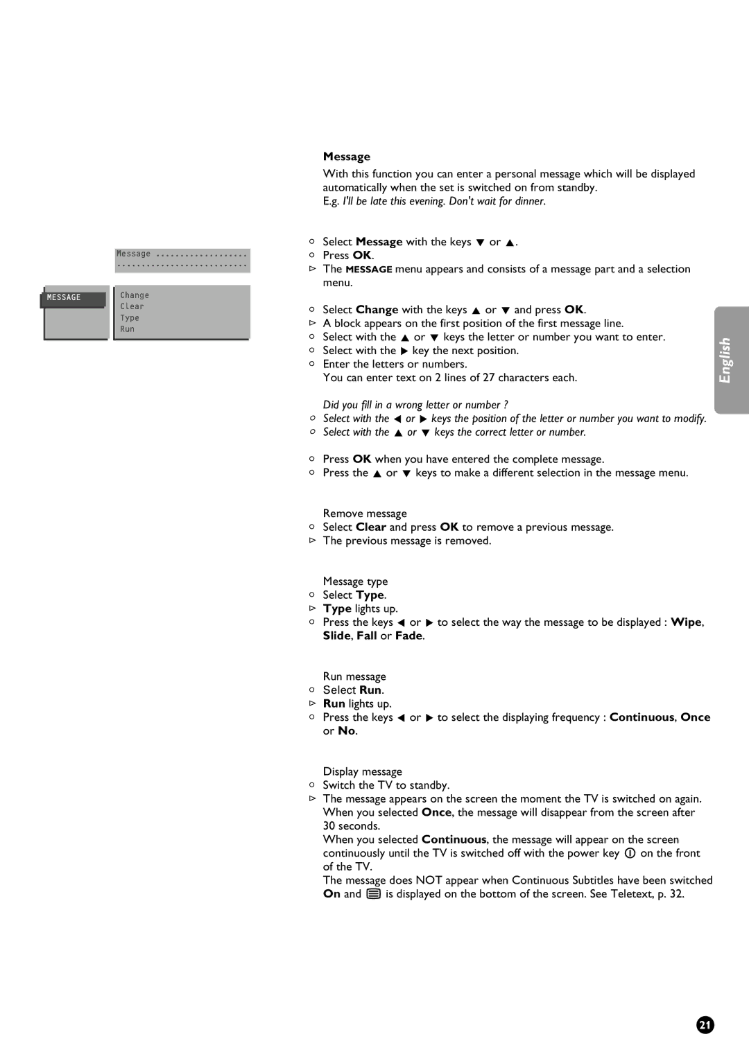 Philips 29PT9111/01 manual Message, Press OK when you have entered the complete message 