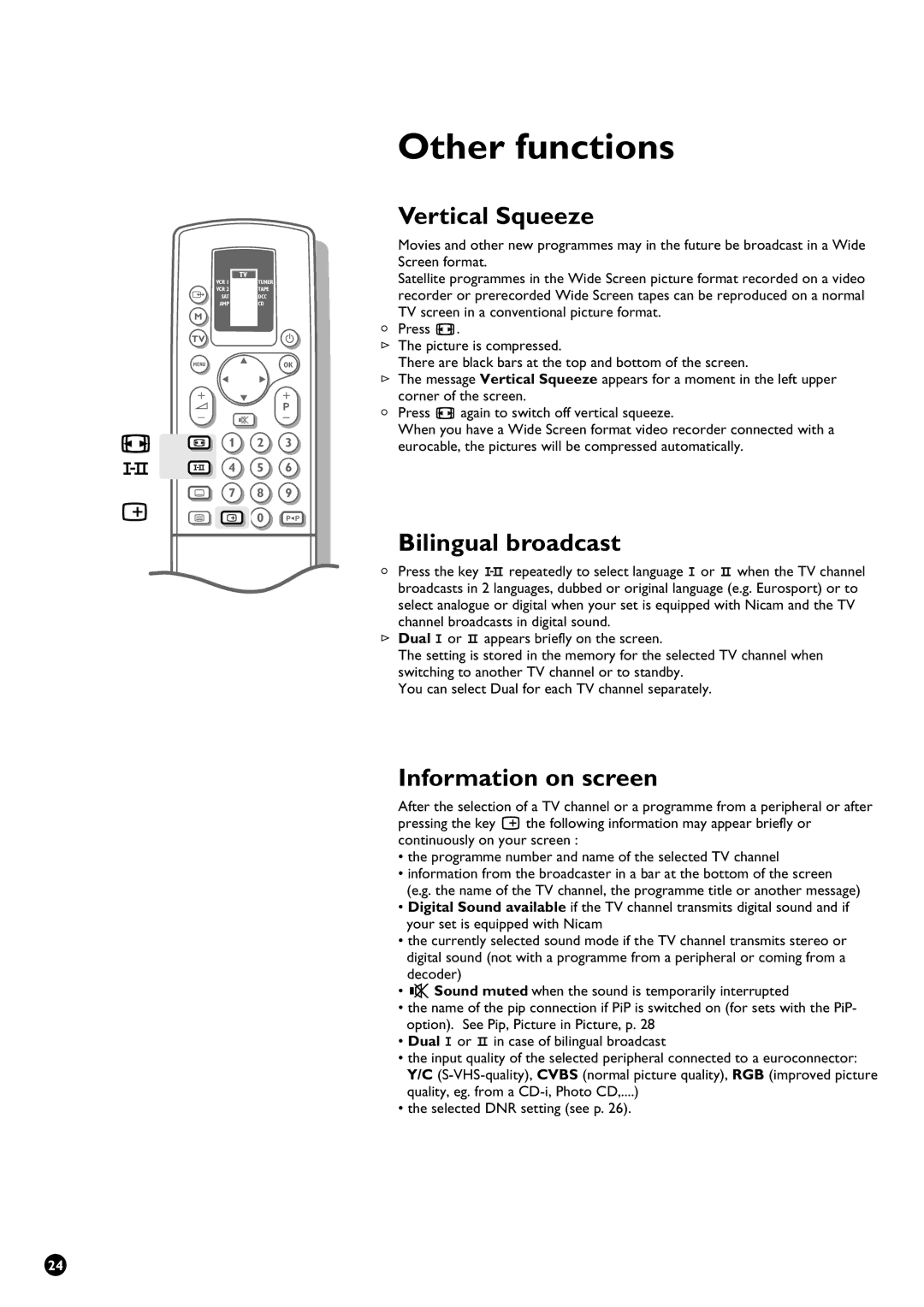 Philips 29PT9111/01 manual Other functions, Vertical Squeeze, Bilingual broadcast, Information on screen 