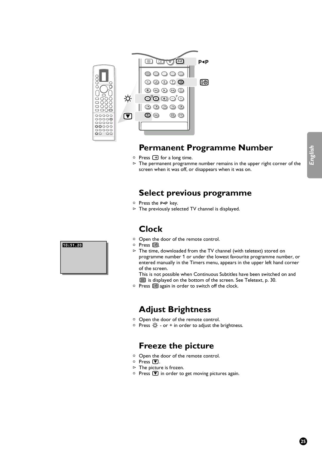 Philips 29PT9111/01 Permanent Programme Number, Select previous programme, Clock, Adjust Brightness, Freeze the picture 