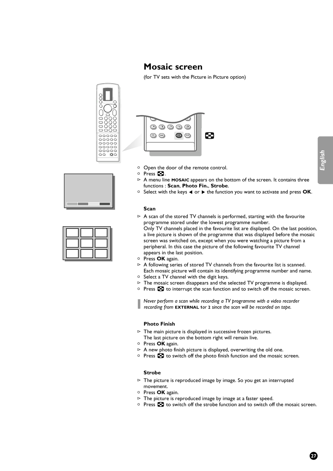 Philips 29PT9111/01 manual Mosaic screen, Scan, Select a TV channel with the digit keys, Photo Finish, Strobe 