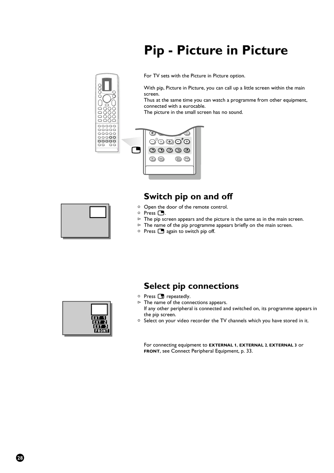 Philips 29PT9111/01 Pip Picture in Picture, Switch pip on and off, Select pip connections, Press p again to switch pip off 