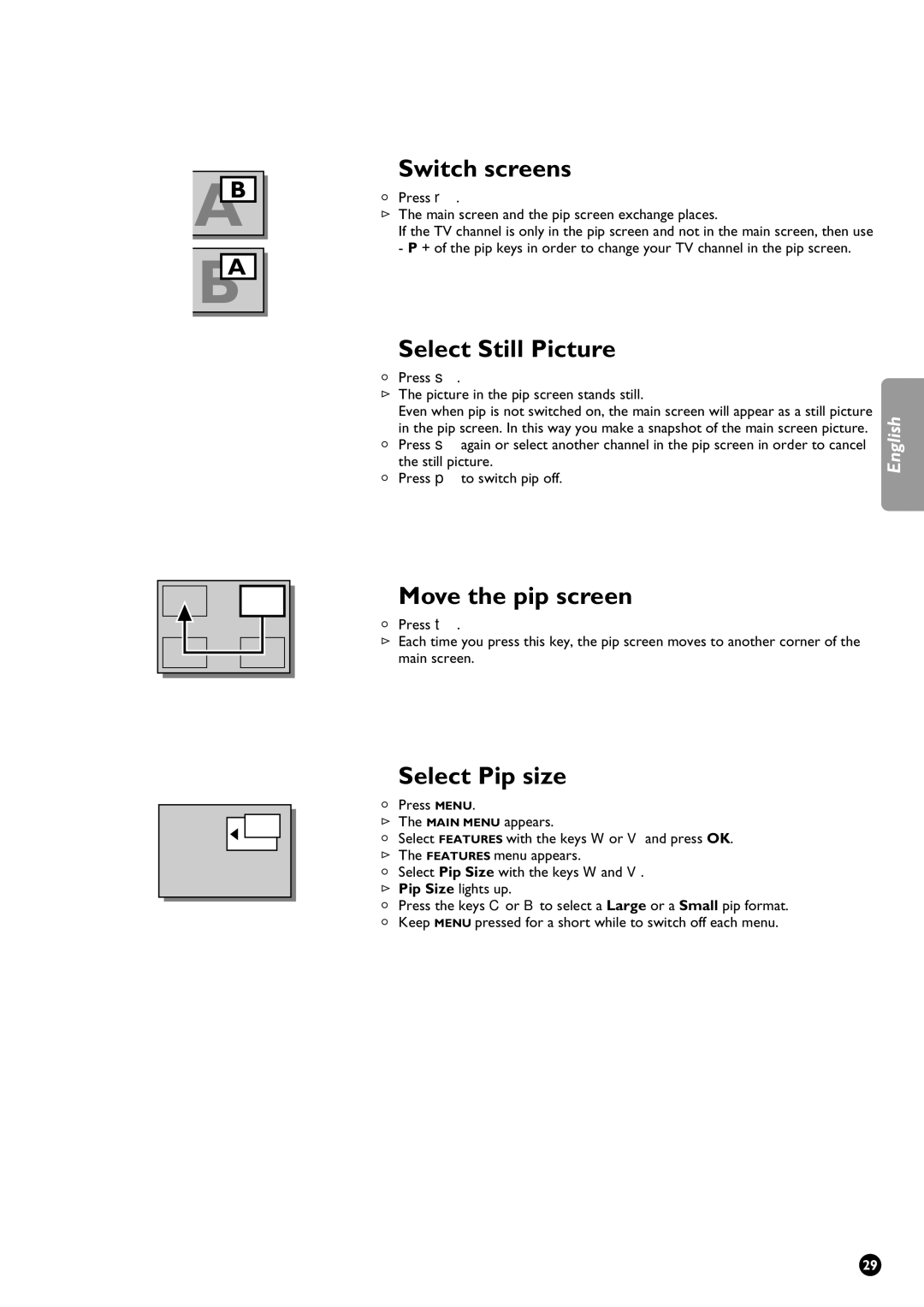 Philips 29PT9111/01 manual Switch screens, Select Still Picture, Move the pip screen, Select Pip size 