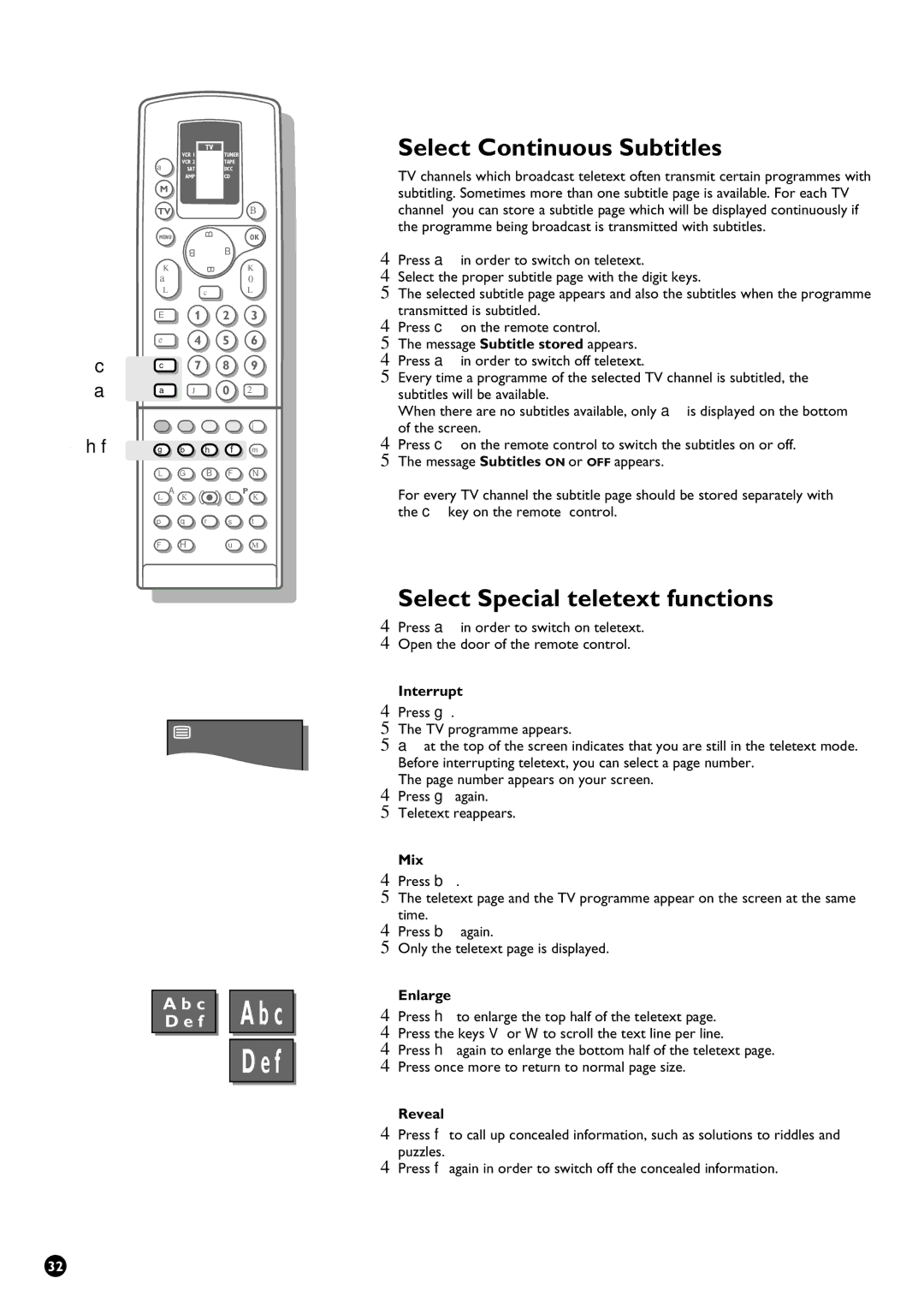 Philips 29PT9111/01 manual Select Continuous Subtitles, Select Special teletext functions 