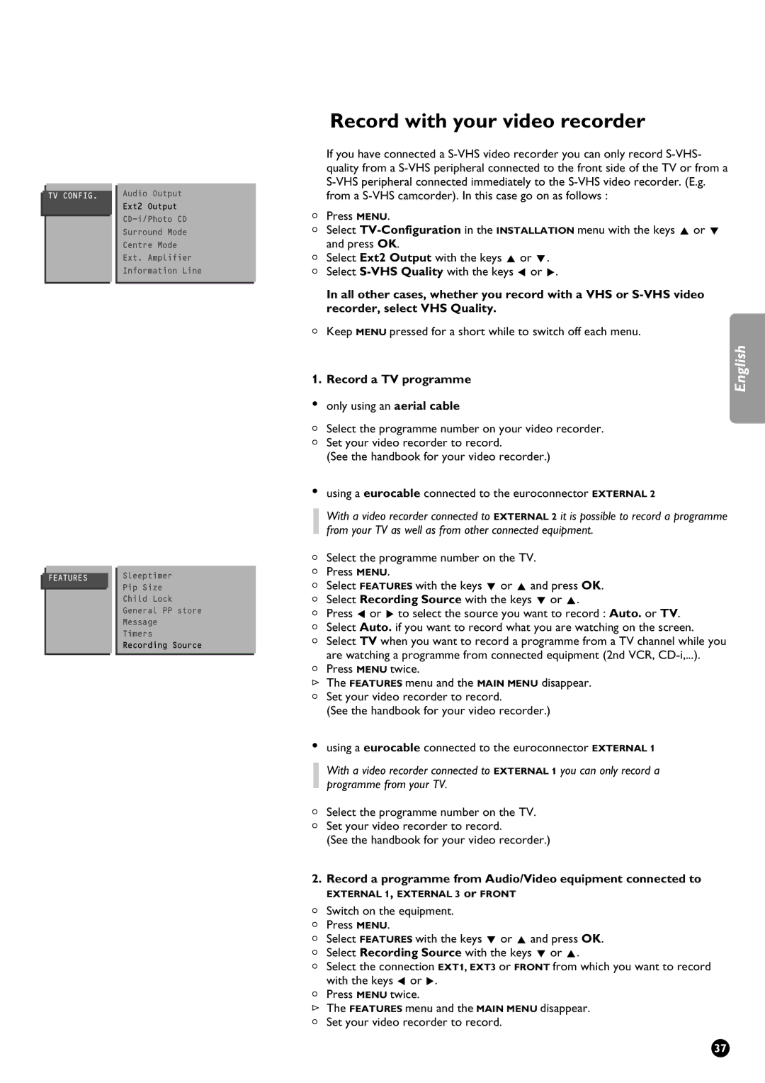 Philips 29PT9111/01 manual Record with your video recorder, Keep Menu pressed for a short while to switch off each menu 