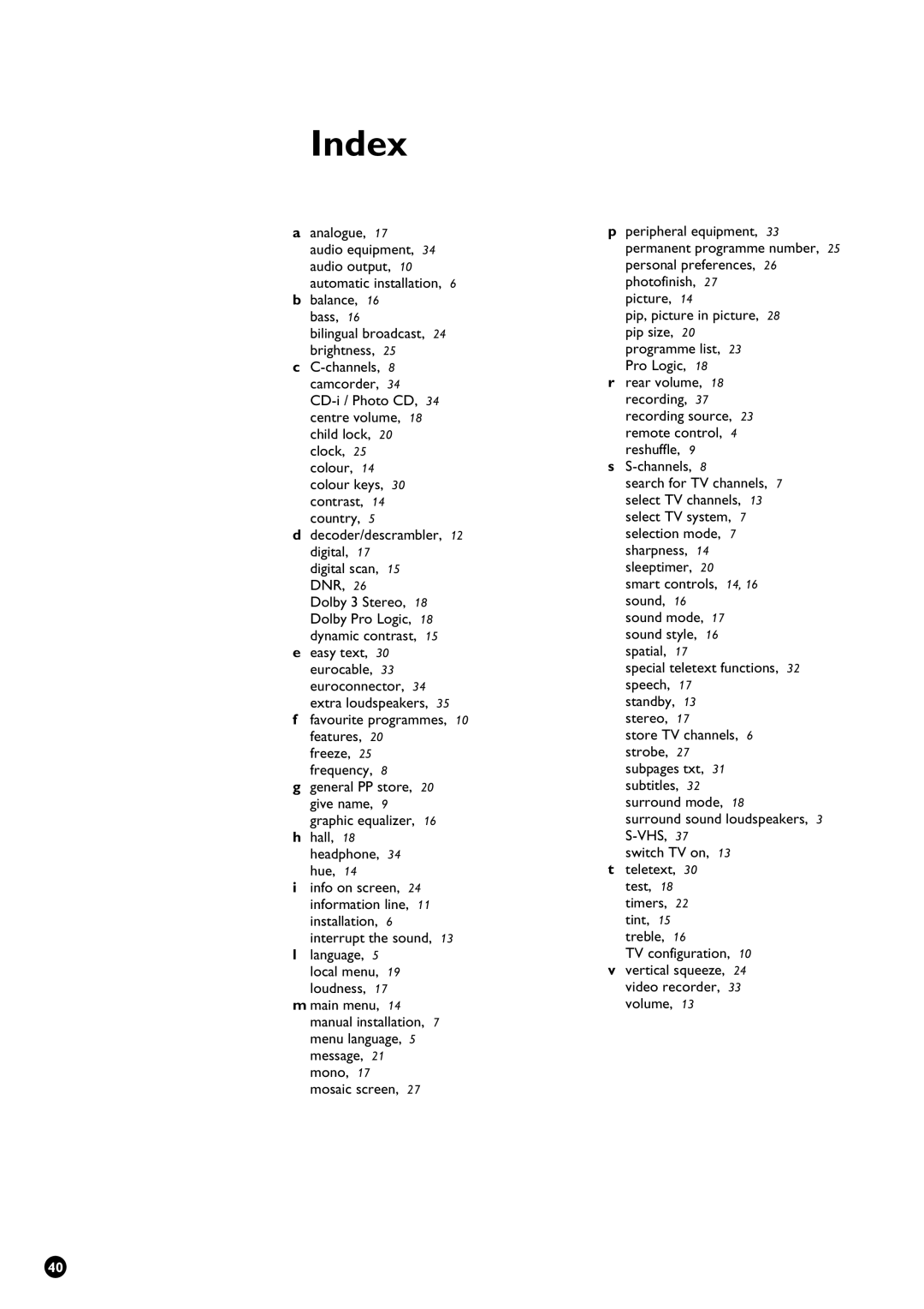 Philips 29PT9111/01 manual Index, Favourite programmes, 10 features Freeze, 25 frequency 