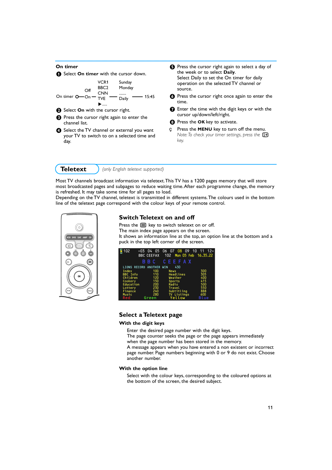Philips 29PT9221/93 Switch Teletext on and off, Select a Teletext, On timer, With the digit keys, With the option line 
