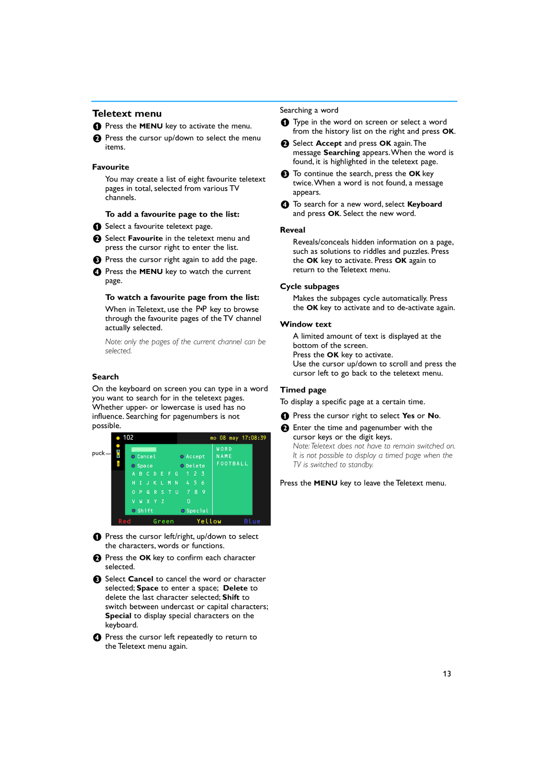 Philips 29PT9221/93 manual Teletext menu 