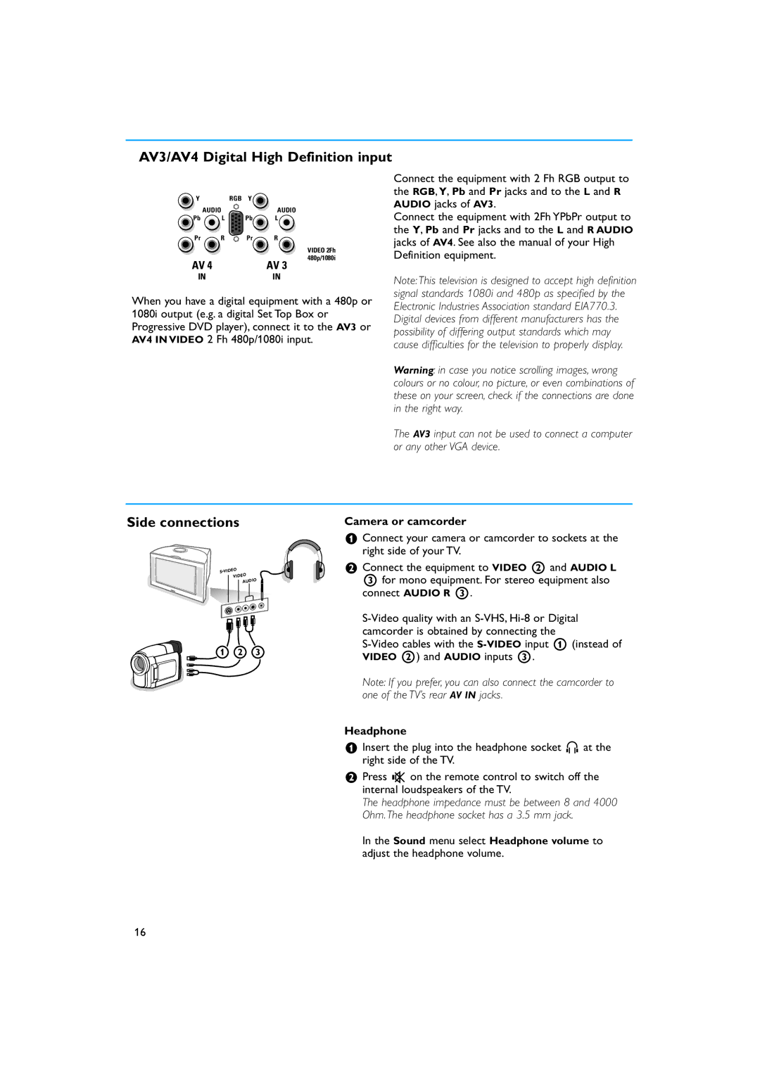 Philips 29PT9221/93 manual AV3/AV4 Digital High Definition input, Side connections, Camera or camcorder, Headphone 