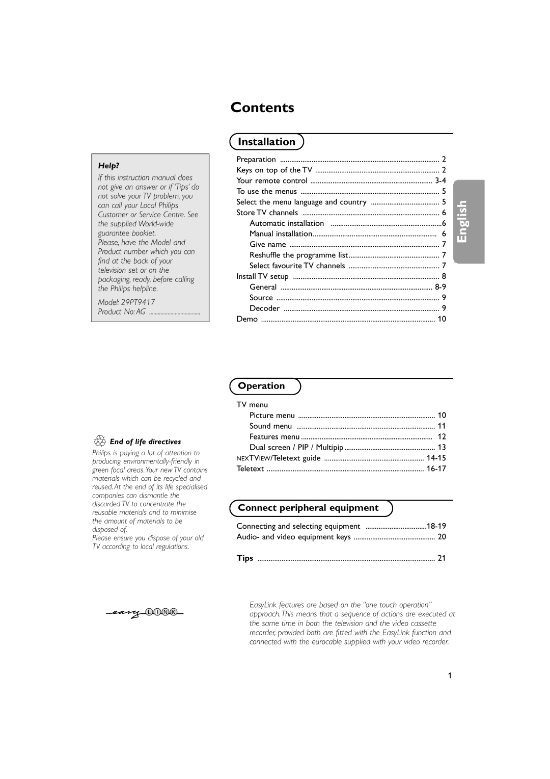 Philips 29PT9417 instruction manual Contents 