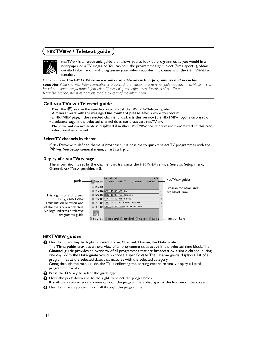 Philips 29PT9417 Call Nextview / Teletext guide, Nextview guides, Select TV channels by theme, Display of a Nextview 