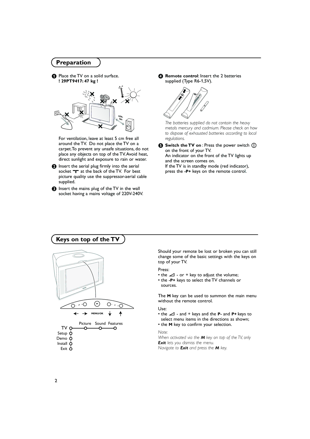 Philips 29PT9417 Preparation, Keys on top of the TV, Place the TV on a solid surface, M key to confirm your selection 