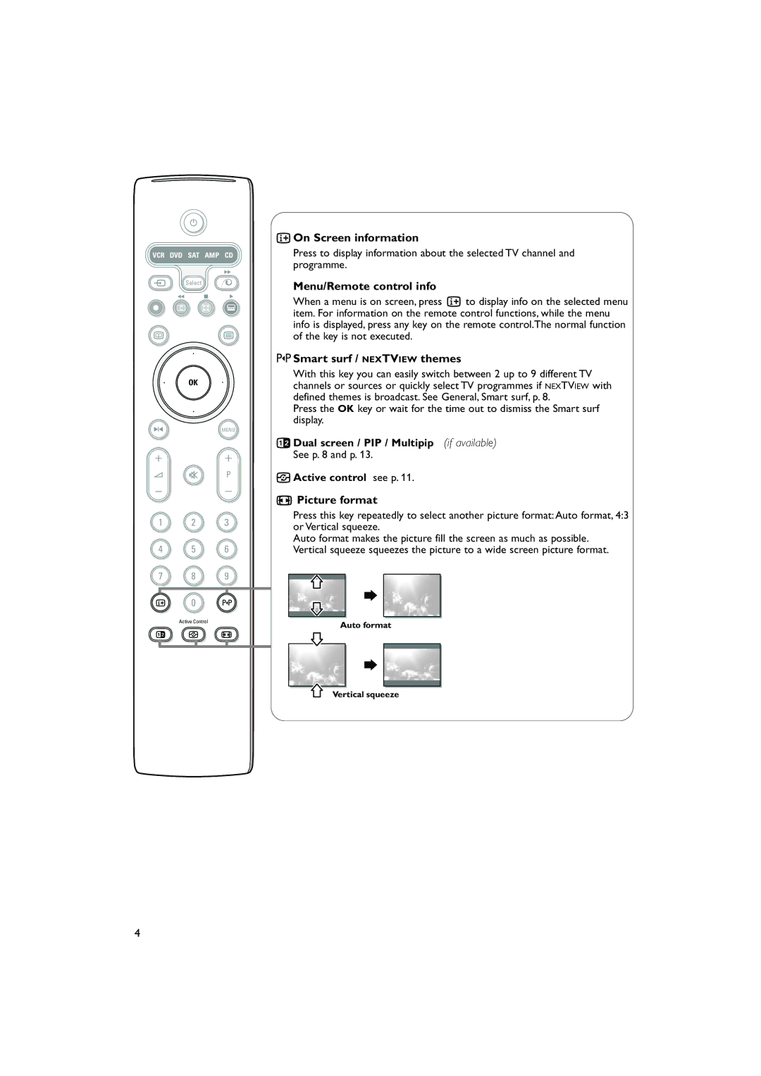 Philips 29PT9417 On Screen information, Menu/Remote control info, Smart surf / Nextview themes, Picture format 