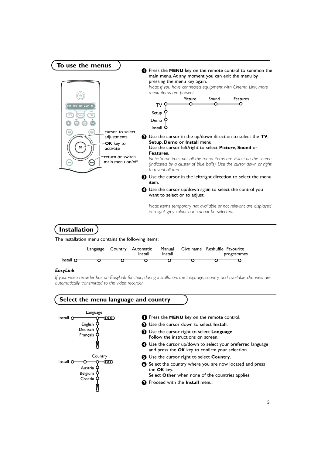 Philips 29PT9417 instruction manual To use the menus, Select the menu language and country 