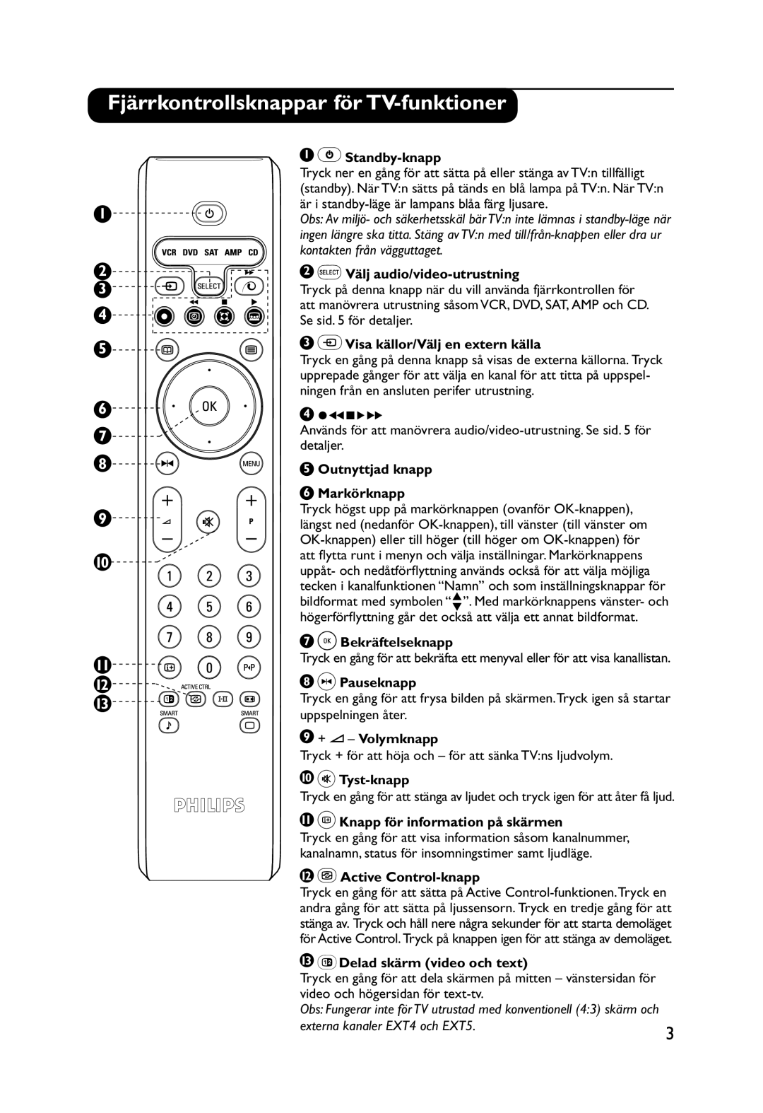 Philips 32PW9551, 29PT9521 manual Fjärrkontrollsknappar för TV-funktioner 