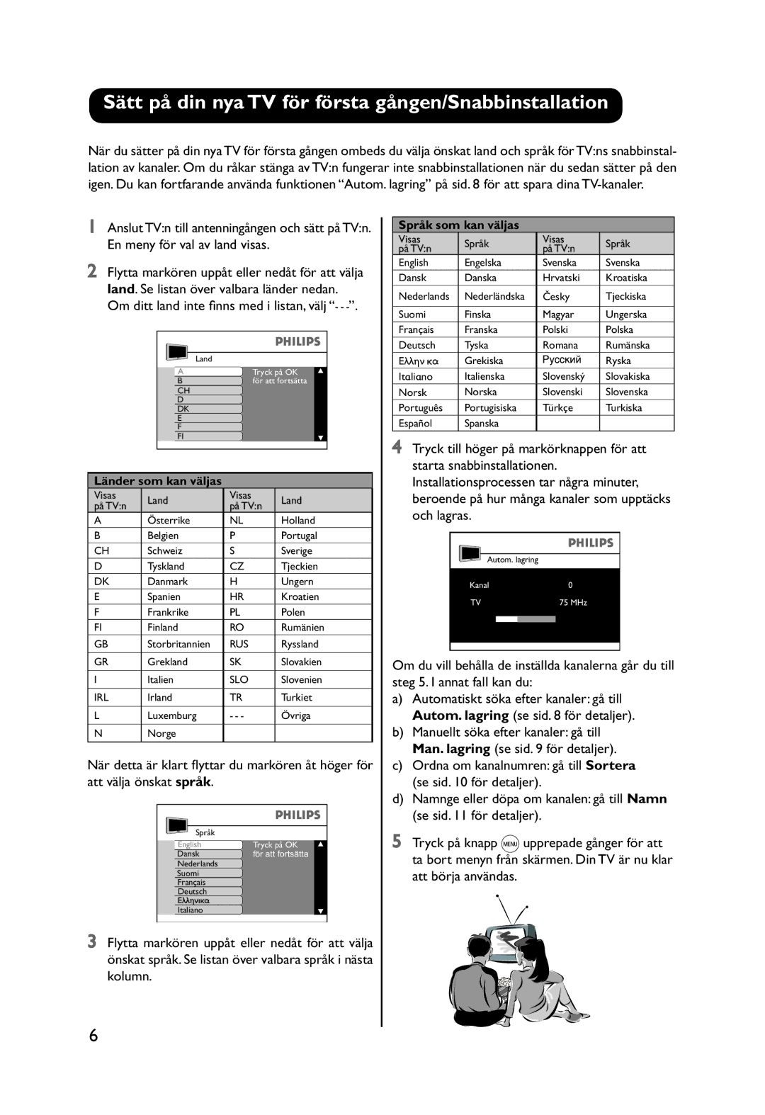 Philips 29PT9521 manual Sätt på din nya TV för första gången/Snabbinstallation, Om ditt land inte finns med i listan, välj 