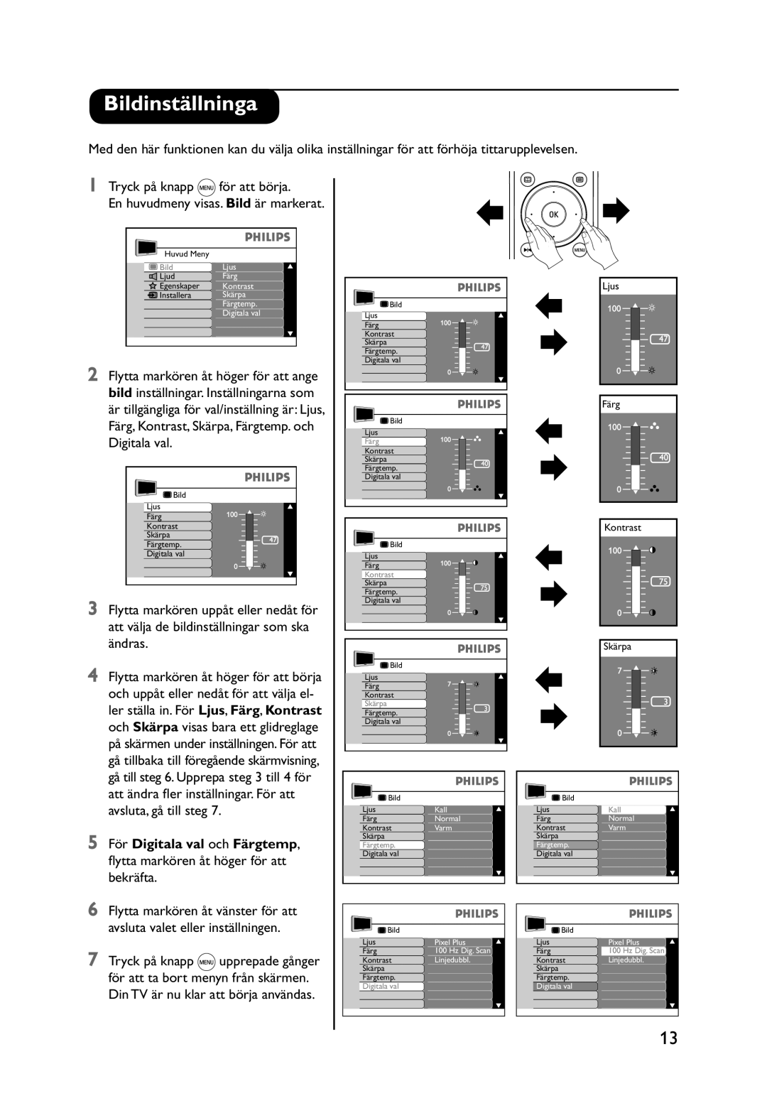Philips 32PW9551, 29PT9521 manual Bildinställninga, Ändras, Avsluta, gå till steg, För Digitala val och Färgtemp 