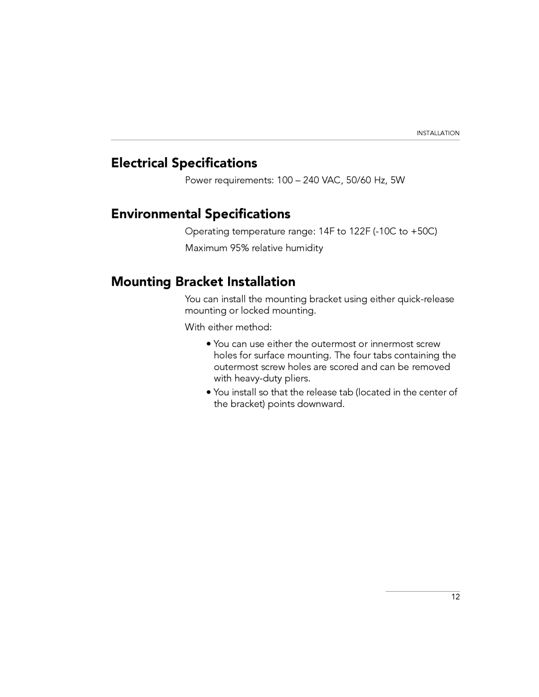 Philips 3 manual Electrical Specifications, Environmental Specifications, Mounting Bracket Installation 