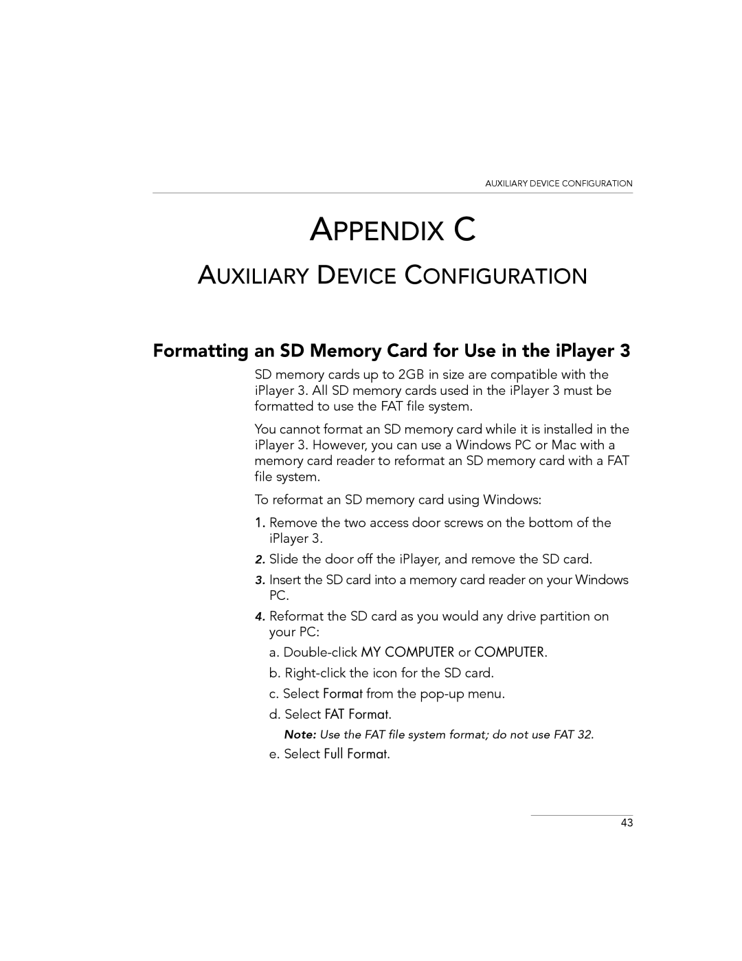 Philips 3 manual Auxiliary Device Configuration, Formatting an SD Memory Card for Use in the iPlayer 