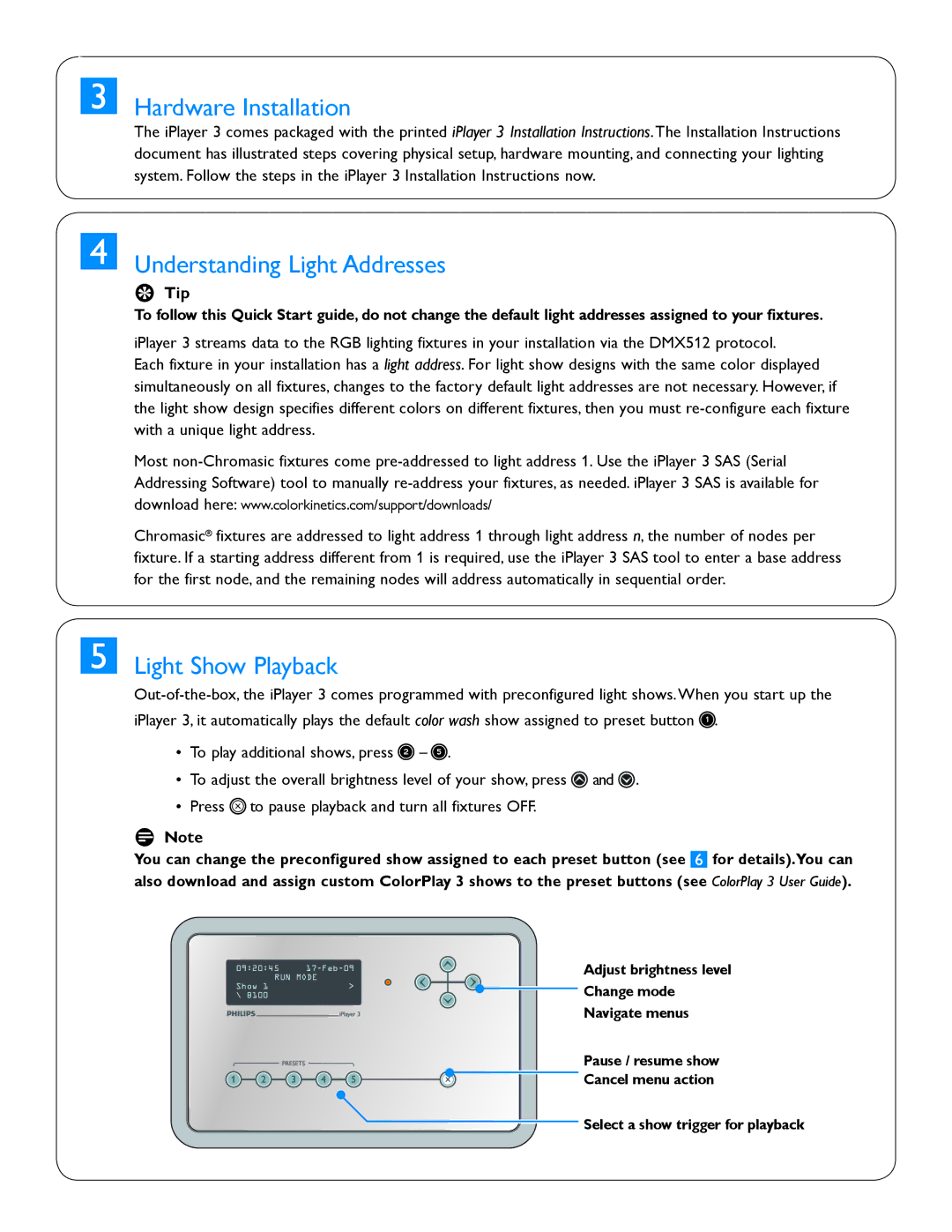 Philips 3 quick start Hardware Installation, Understanding Light Addresses, Light Show Playback 