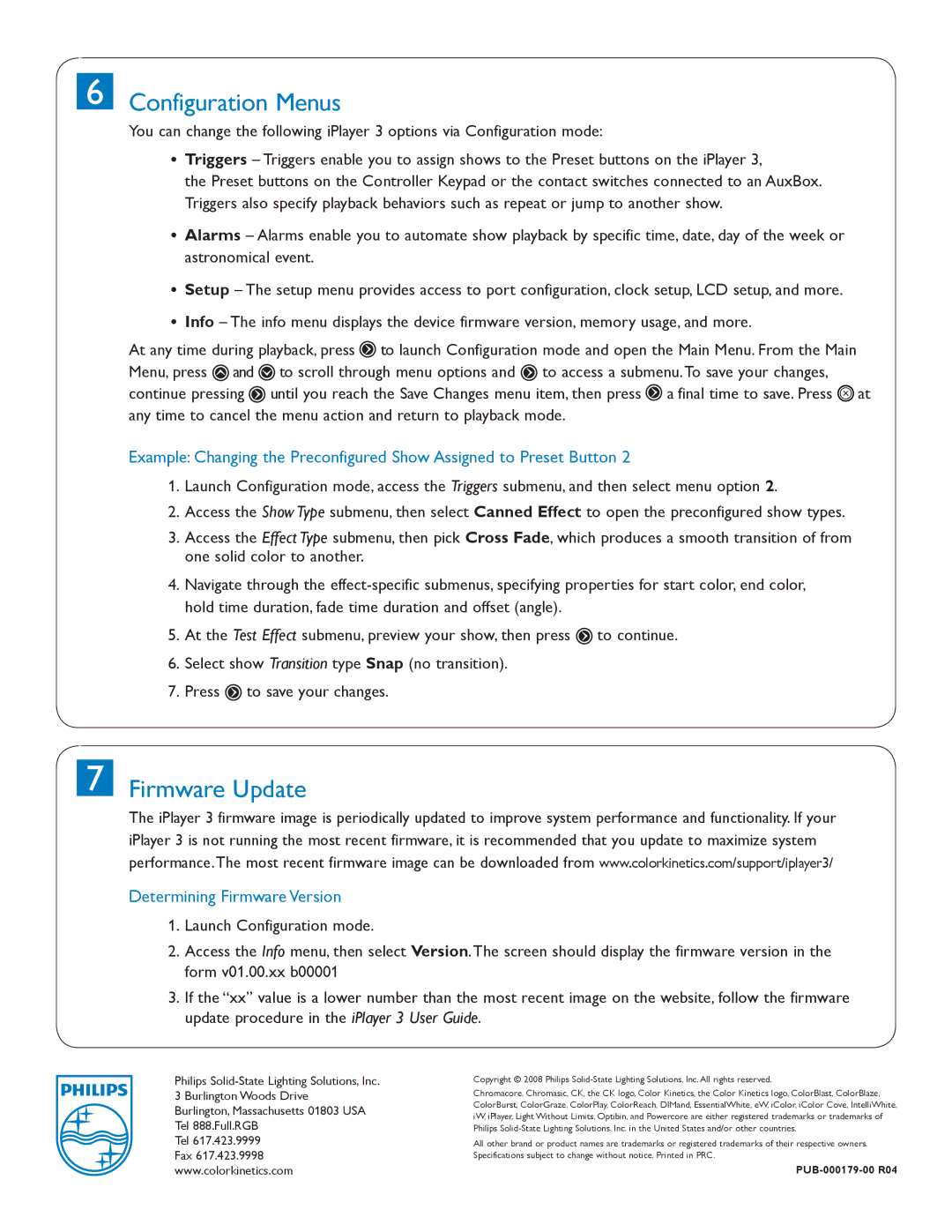 Philips 3 quick start Configuration Menus, Firmware Update, Determining Firmware Version 